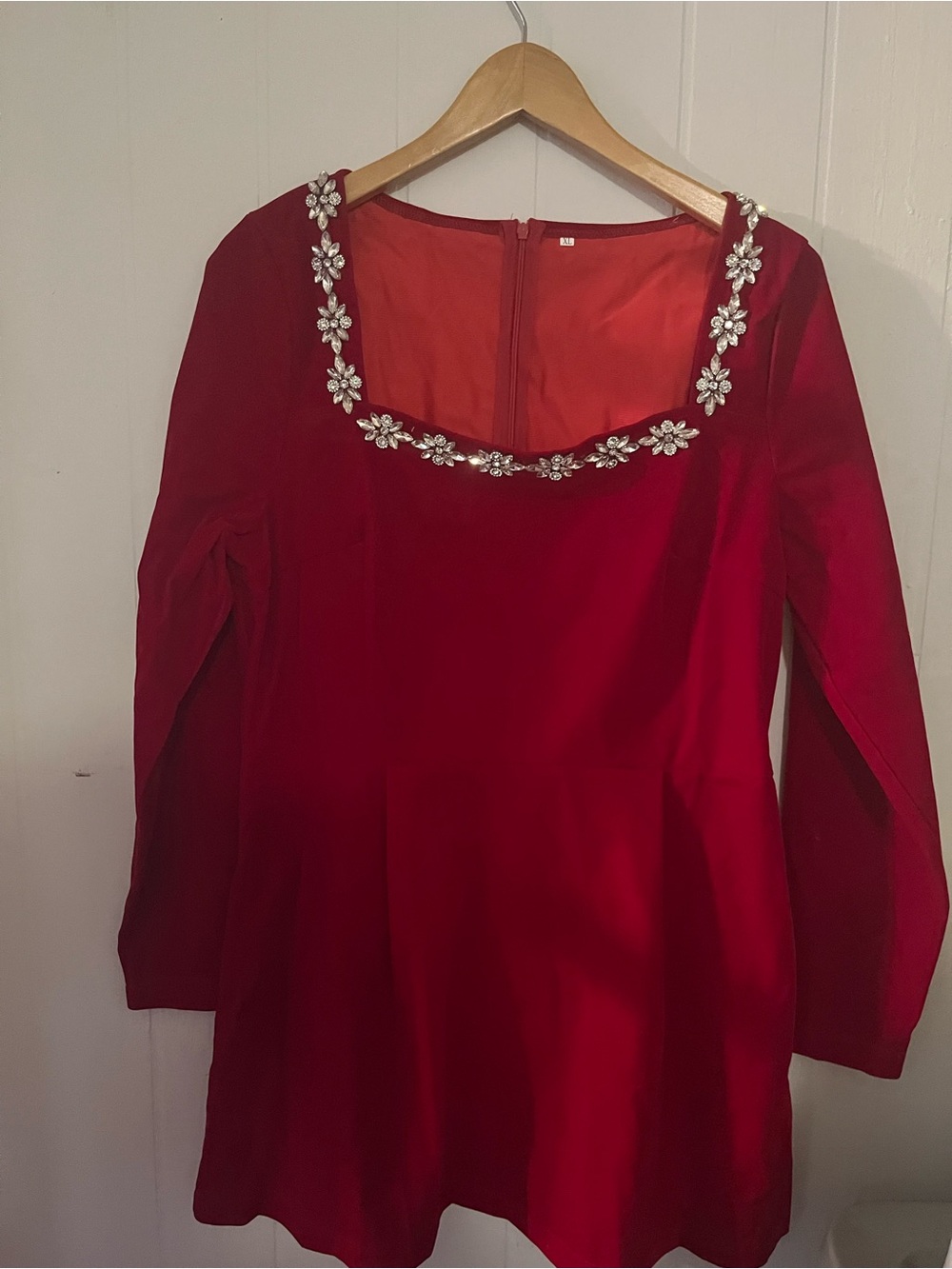 Amazon Red Long Sleeve Dress with Crystal Floral Neckline